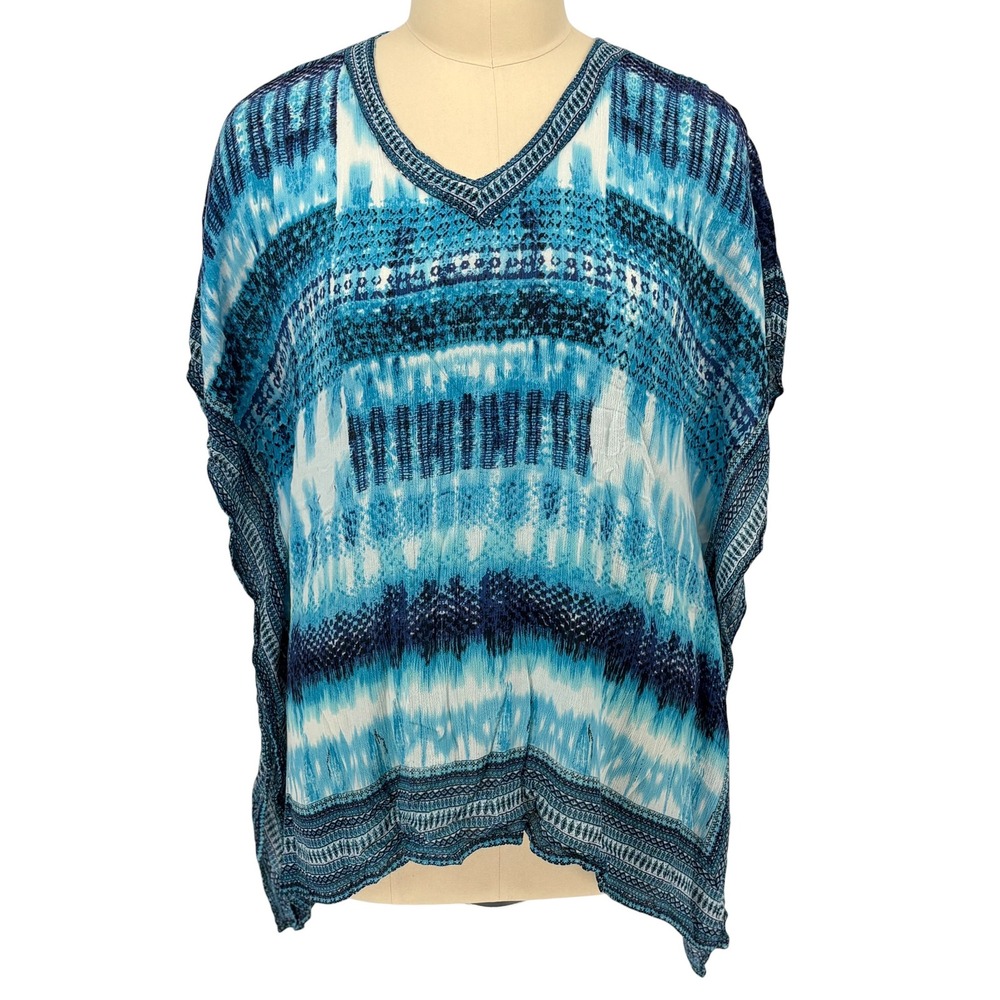 Ingear Resort Kaftan Top Blue White Tie Dye Batik 100% Rayon One Size